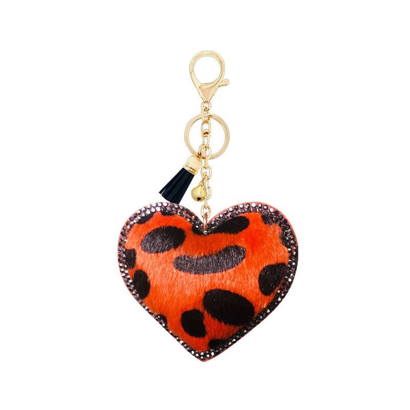 Wholesale Velvet Leopard Pattern Love Style Diamond Inlaid Bell Tassel Keychain